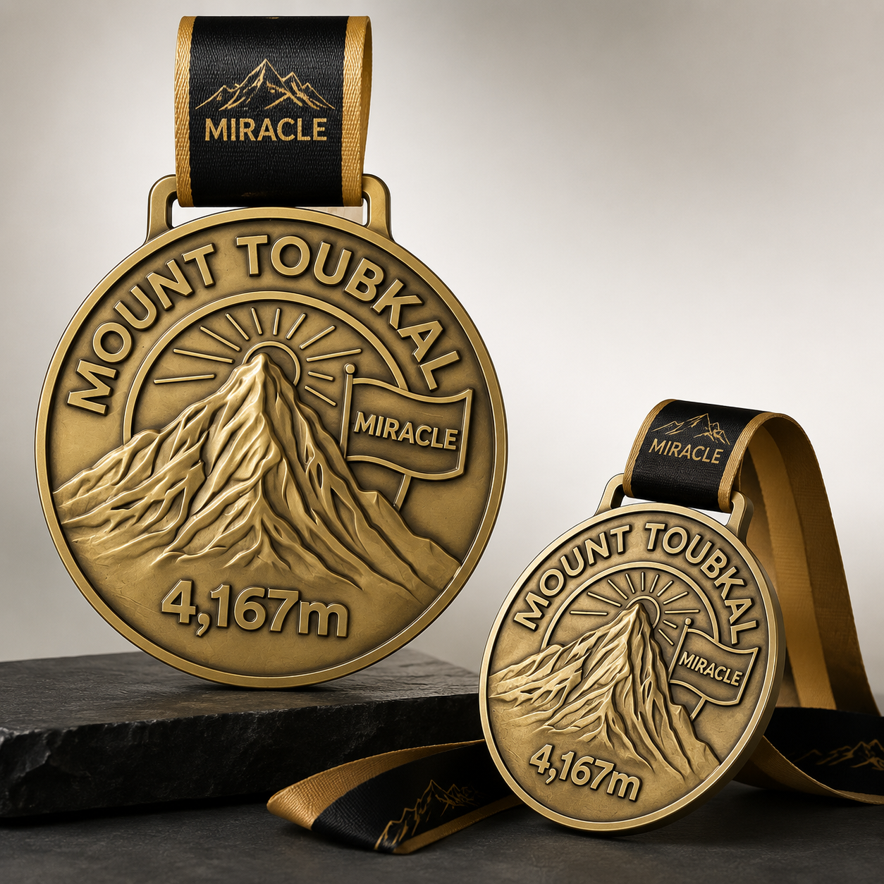 Custom Mount Toubkal mountain climbing medal with 3D design and antique gold finish